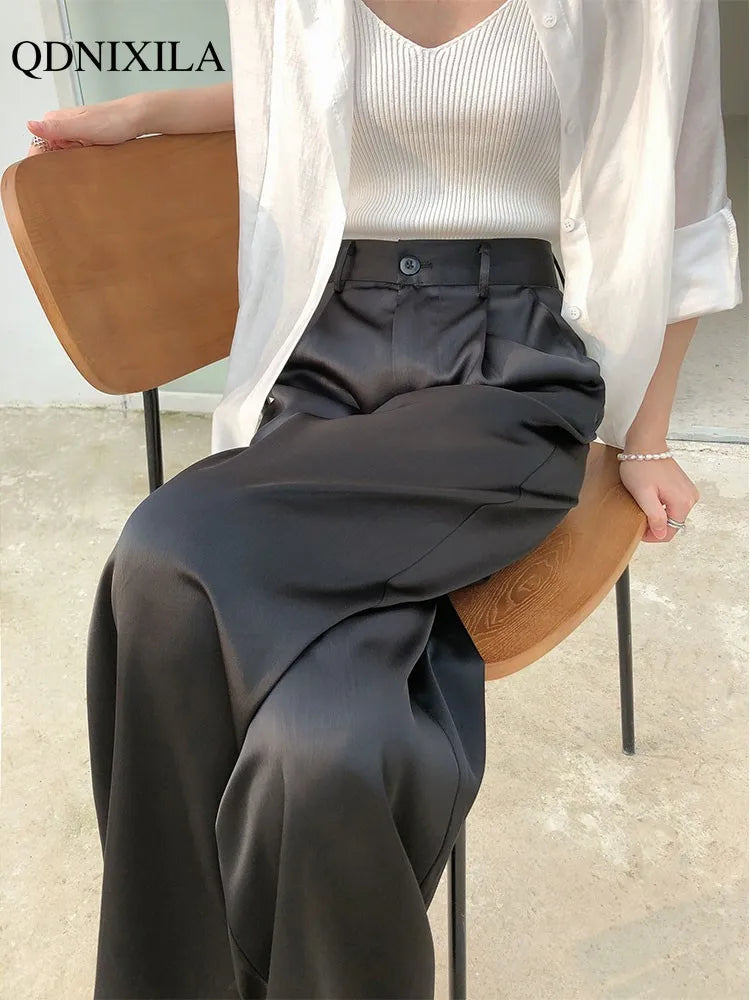 2024 Spring Summer Ice silk Satin Women's Pants Wide Leg High Waist Casual Cozy Knit Pants