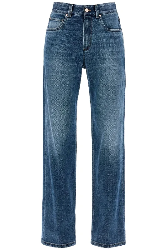 Loose Shiny Tab Jeans With  - Blue Fashionable Relaxed Fit Denim