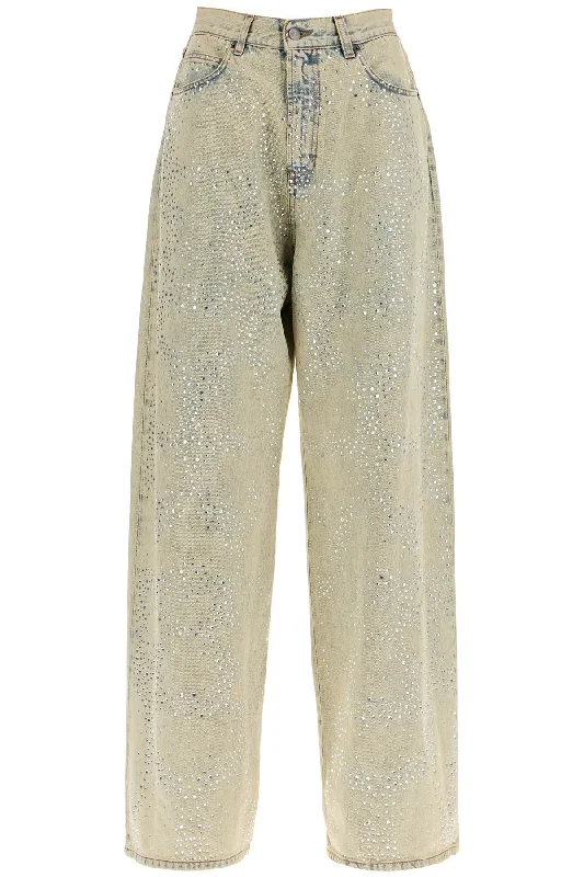 Wide Leg Jeans With Rhinestones  - Neutro Trendy Button-Up High-Waist Jeans