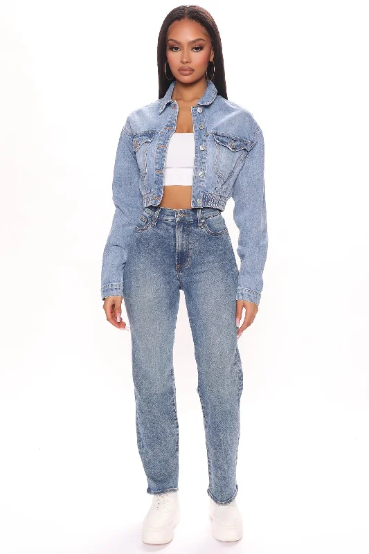 90's Vibe High Rise Tapered Jeans - Medium Blue Wash Trendy Paperbag Waist Jeans