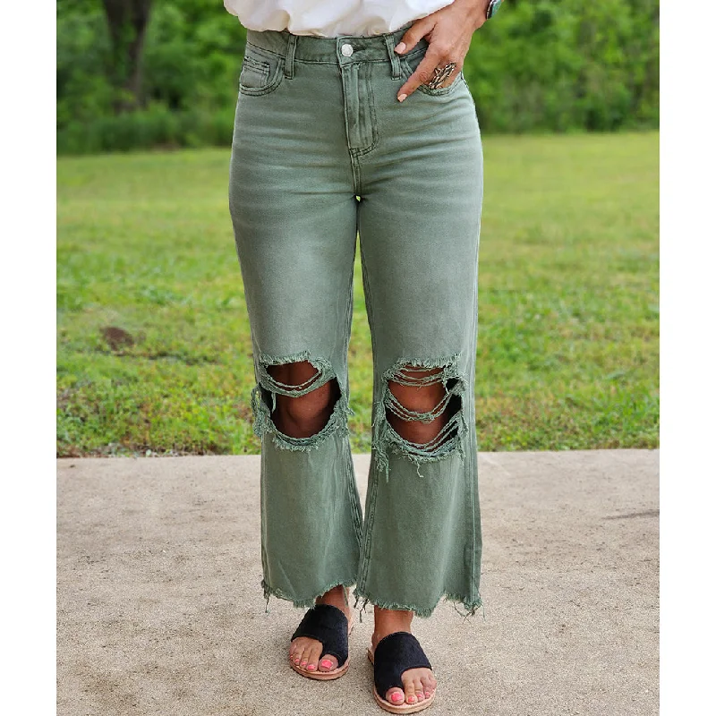 Army Green 90's Distressed Crop Jeans Comfortable Stretch Denim Jeans