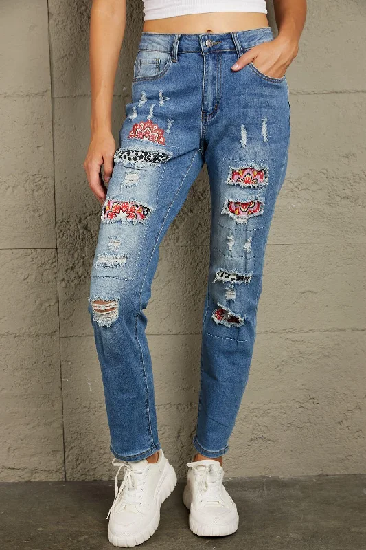 Baeful Leopard Patch Ankle-Length Jeans Comfortable Ankle Jeans