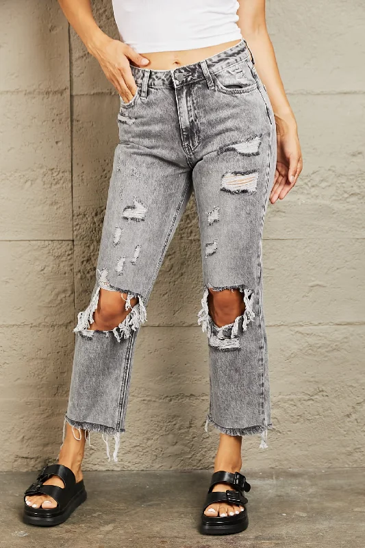 Light Distressed Straight Jeans Stylish Shredded Denim Jeans