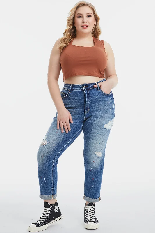 BAYEAS Full Size High Waist Distressed Paint Splatter Pattern Jeans Comfortable Distressed Straight-Leg Jeans