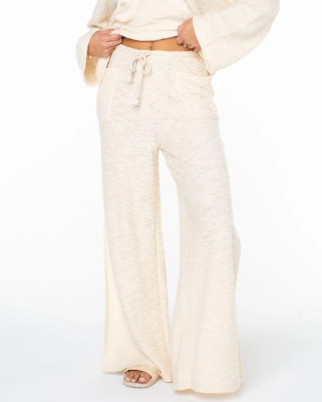 Beach Breeze Side-Slit Wide Leg Pants - Parchment Fashionable Button-Up Pants