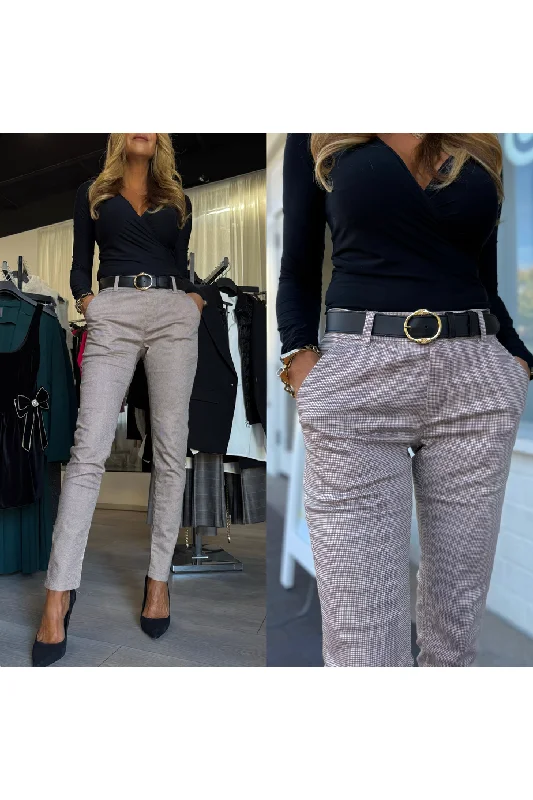 Bevy Flog Dafna Pants | Beige/Brown Checkered | Offered Online Only Cozy Fitted Pants