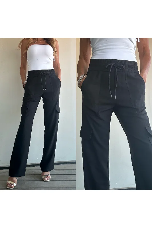 Bevy Flog Sapir Wide Leg Cargo Pants | Black | Offered Online Only Stylish Elastic Waist Pants