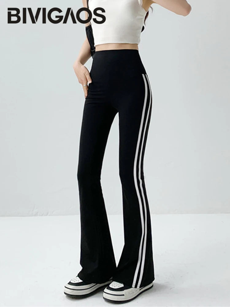 Striped Black Micro Flared Shark Pants Women High Waist Slim Sport Pocket Comfortable Jogging Pants