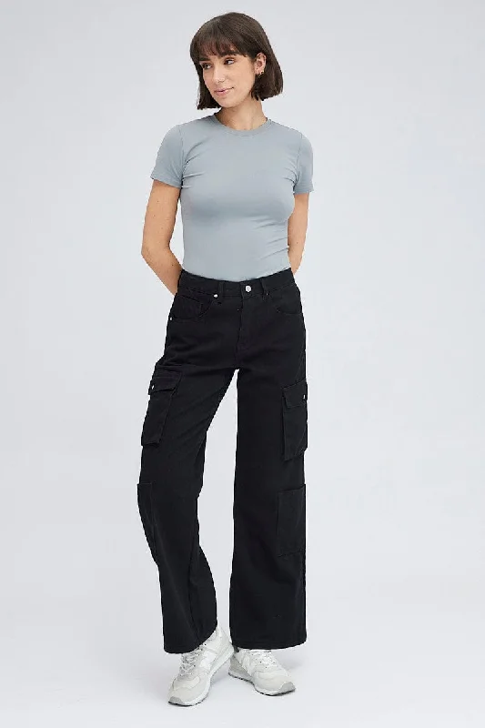 Black Cargo Jean High Rise Multi Pocket Stylish Acid-Wash Jeans
