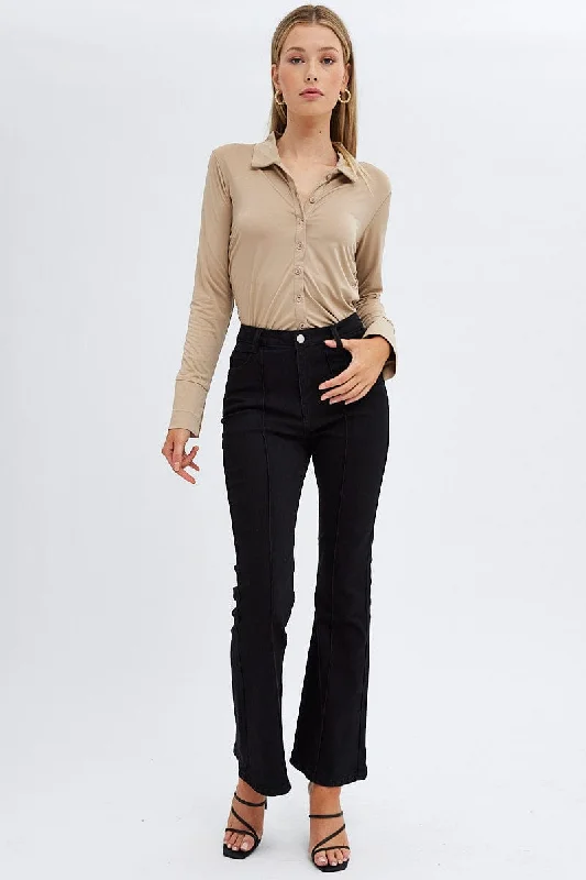 Black Flare Jeans Mid Rise Pintuck Trendy Pleated Waist Jeans