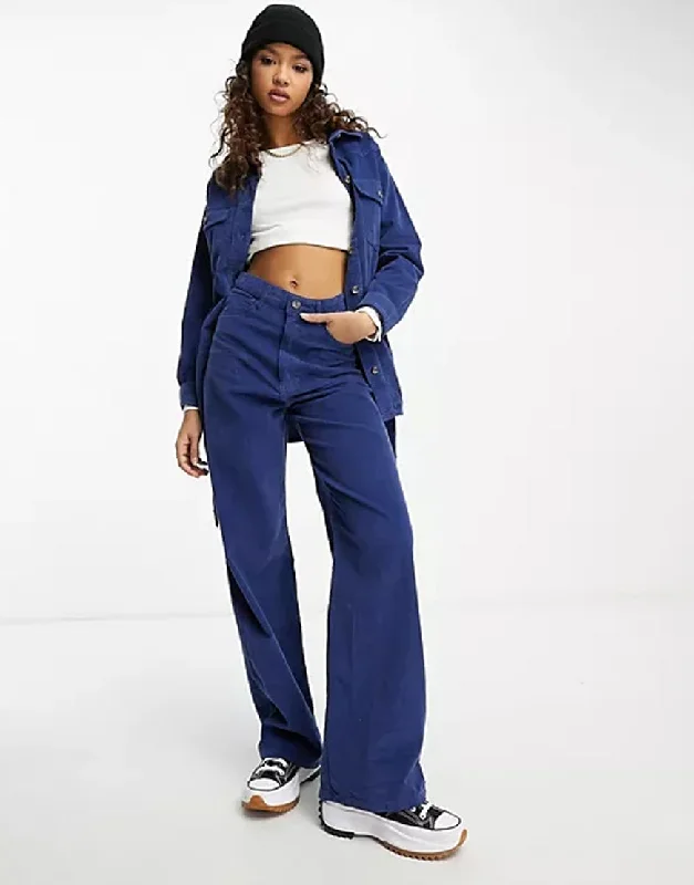 Blue Corduroy Wide Leg Pants Comfy Cargo Trousers