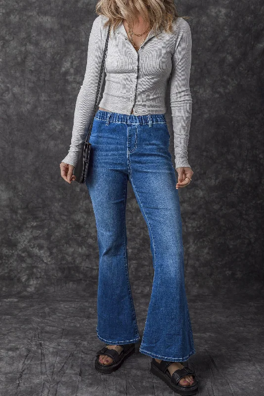 Low-rise Elastic Waist Flared Denim Blue Jeans Stylish Relaxed Fit Skinny Jeans