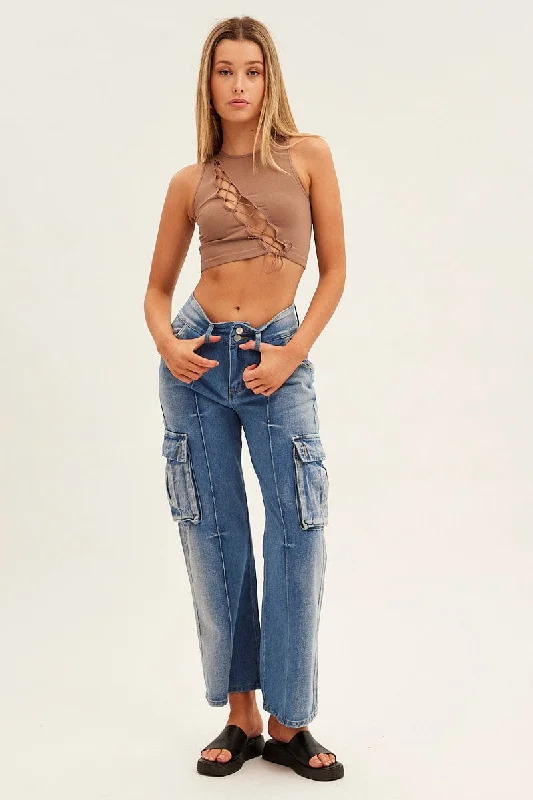 Blue Wide Leg Denim Cargo Pants Comfy Zip-Up Pants