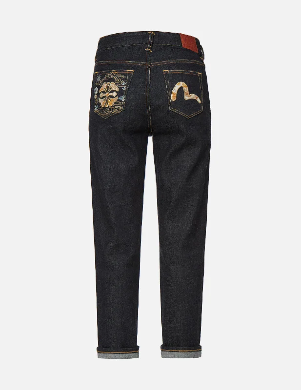 Brocade Kamon and Seagull Appliqué Straight Leg Jeans Trendy Low-Rise Slim Jeans
