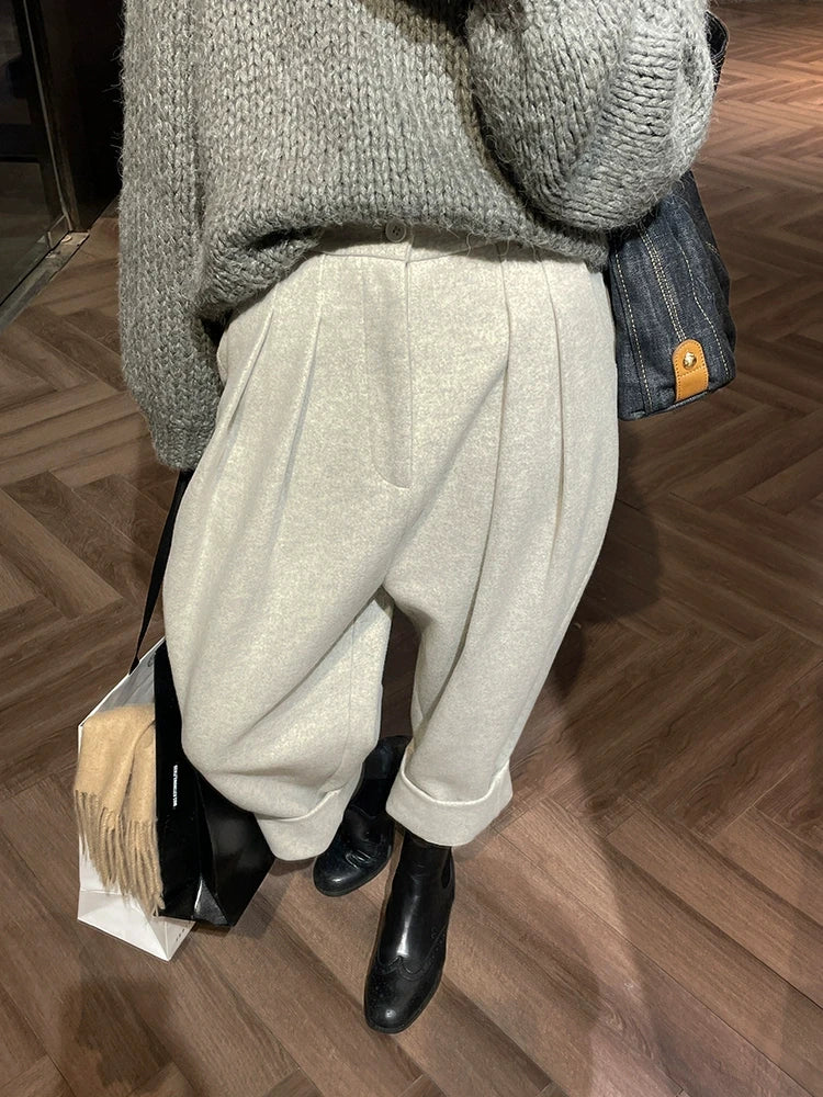 Women Casual Loose Pockets Woolen Suit Pants Chic Wool Trousers