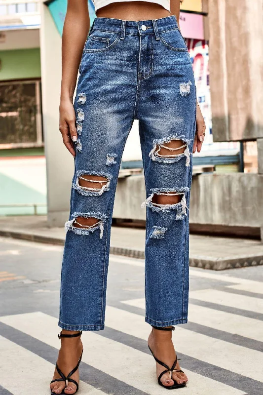 Distressed High Waist Straight Jeans Classic Black Denim Jeans