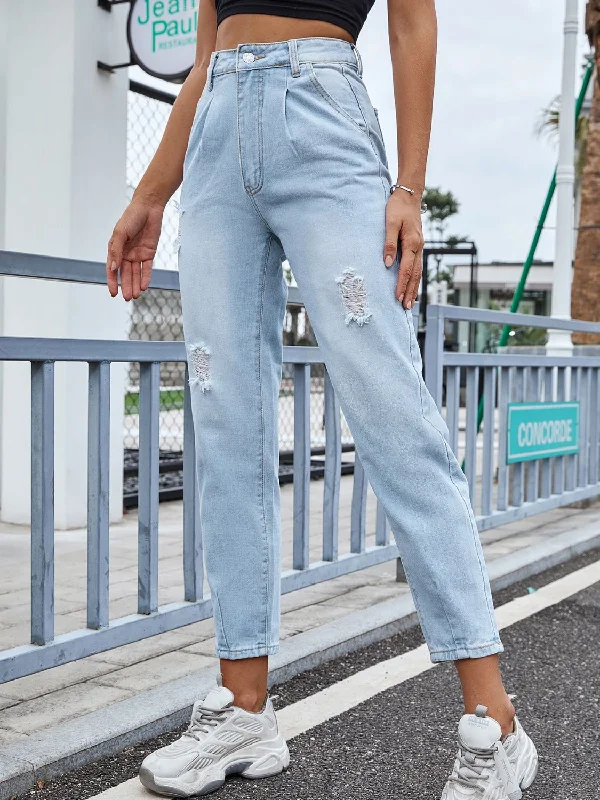 Distressed Straight Jeans with Pockets Trendy Acid Wash Skinny Jeans