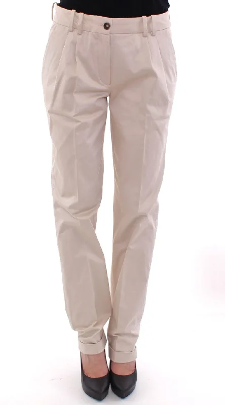 Elegant Beige Regular Fit Cotton Pants Trendy Wide-Leg Pants
