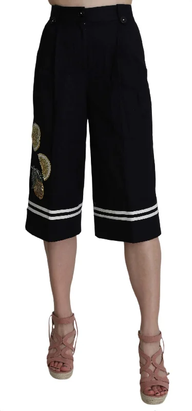 Elegant High Waist Black Cotton Pants Relaxed Fit Trousers