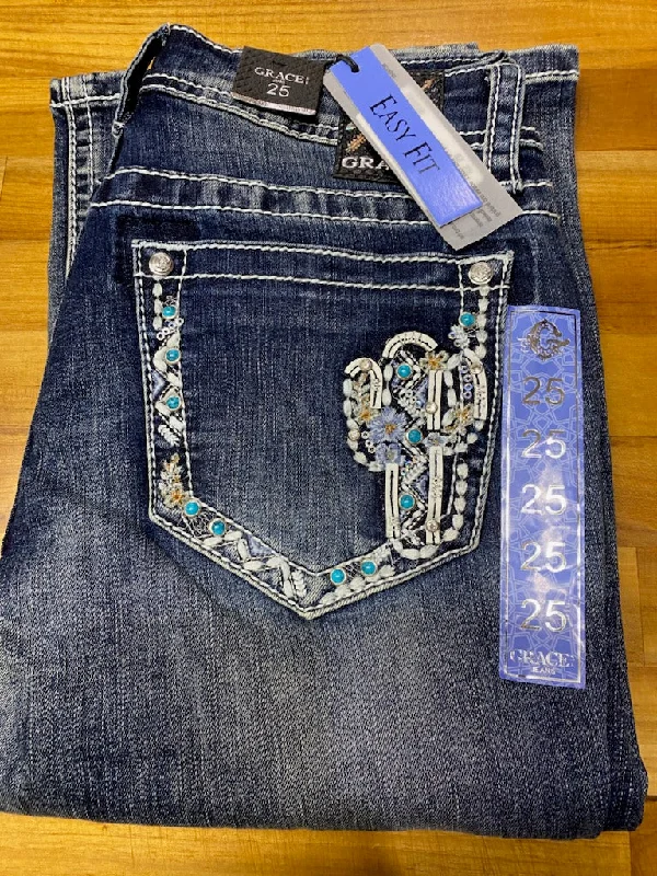 Grace in LA Cactus Easy Fit Jeans - EBS536 Fashionable Frayed Hem Denim