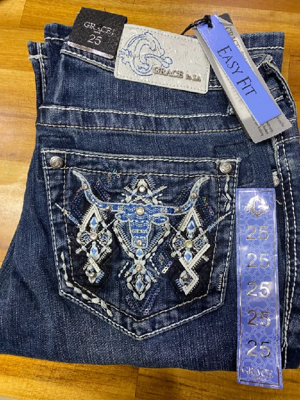 Grace in LA Cow Head Aztec Easy Fit Jeans - EB51735 Stylish Tapered Fit Jeans