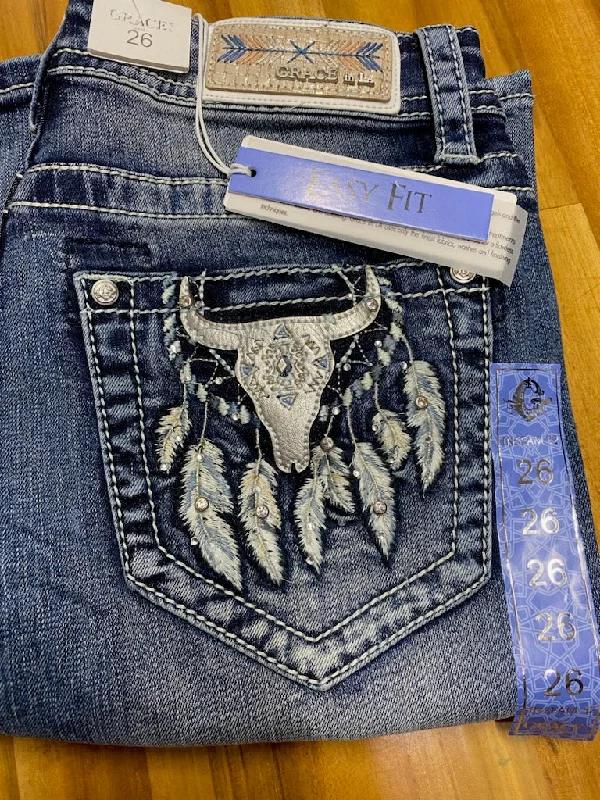 Grace in LA Steer Head Easy Fit Jeans - EBS600 Trendy Layered Pocket Jeans