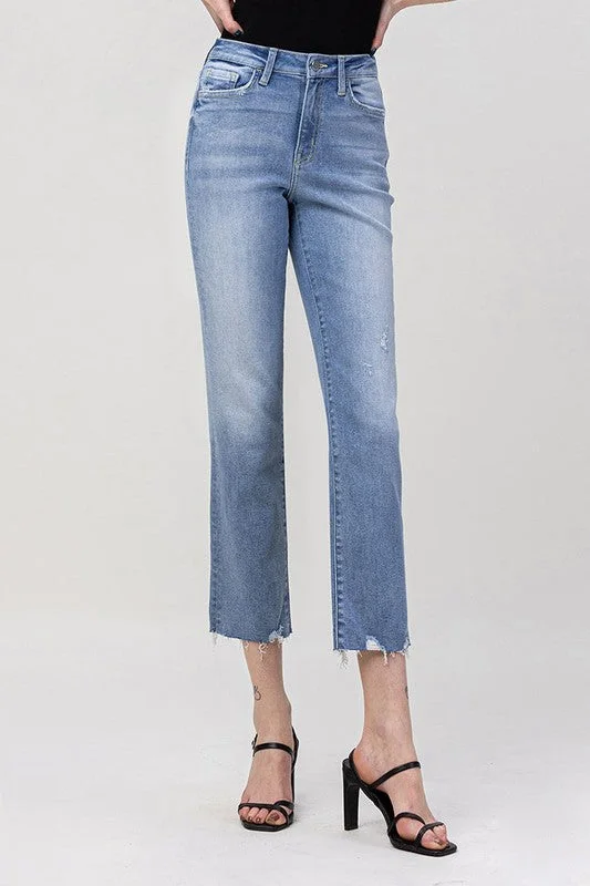 High Rise Crop Straight Jeans Comfortable Straight-Legged Denim
