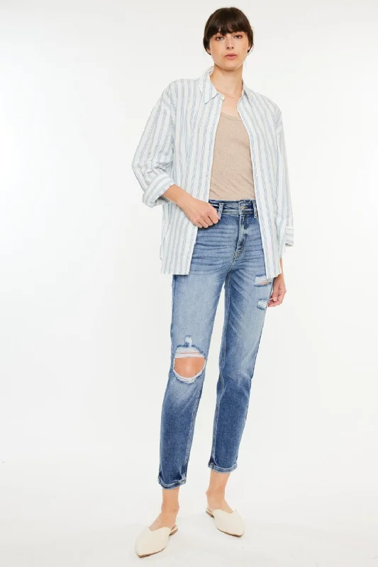 Kancan High Rise Distressed Mom Jeans Fashionable Raw Hem Bootcut Jeans