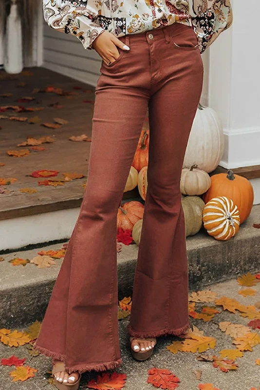 Mid-Rise Raw Hem Flare Jeans Comfortable Jogger Style Jeans