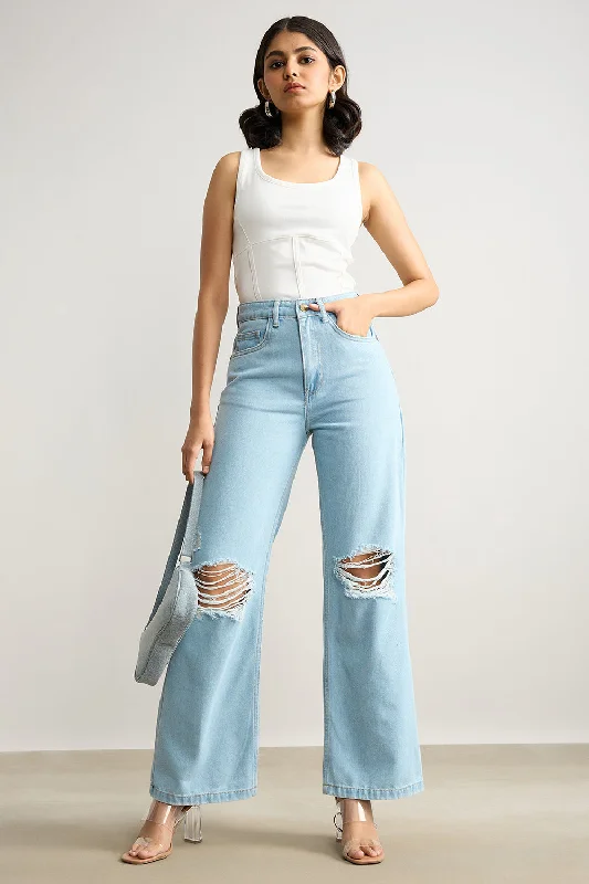 High Waisted Distressed Light Blue Jeans Trendy Flared Leg Jeans
