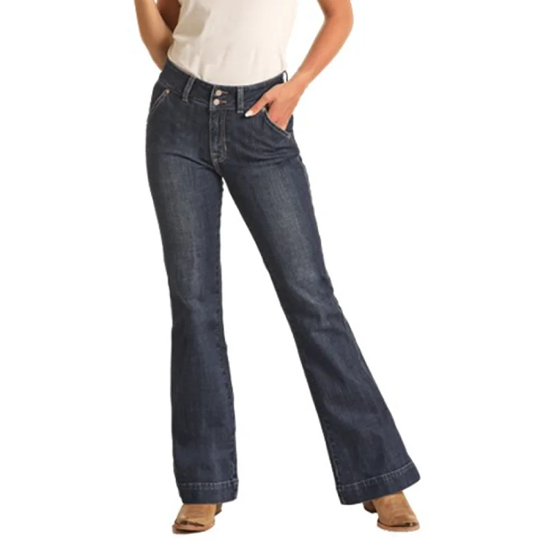 Rock & Roll Cowgirl High Rise Dark Trouser Jeans Chic Rip-Detail High-Waist Jeans