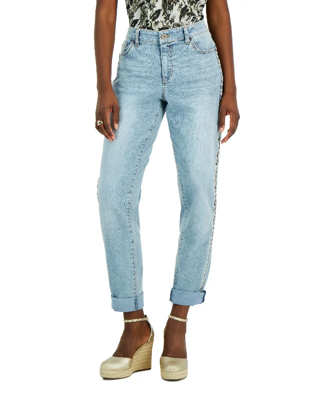 INC International Concepts Womens Mid Rise Embellished Mom Jeans Chic Rolled Cuff Denim Jeans