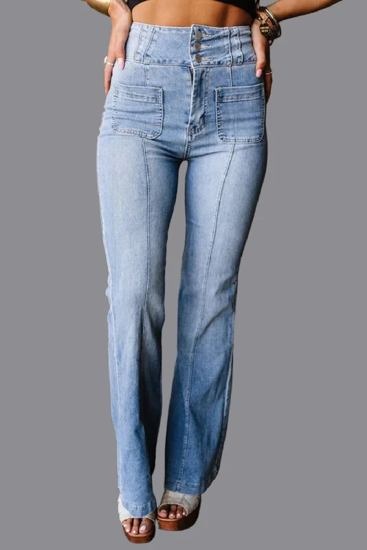 High Rise Factory Faded Boot Cut Denim Blue Jeans Stylish Acid-Wash Jeans