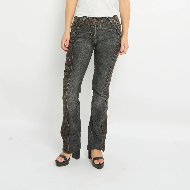Orange Contrast Stitch Utility Style Jeans - UK 6 Trendy Pleated Waist Jeans