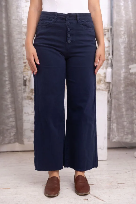 Petite Button Fly Wide Leg Jeans (Dark Navy) Casual Loose Fit Jeans