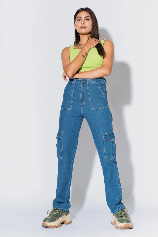 Mid Blue Cargo Utility Jeans Trendy Bootcut High-Waisted Jeans