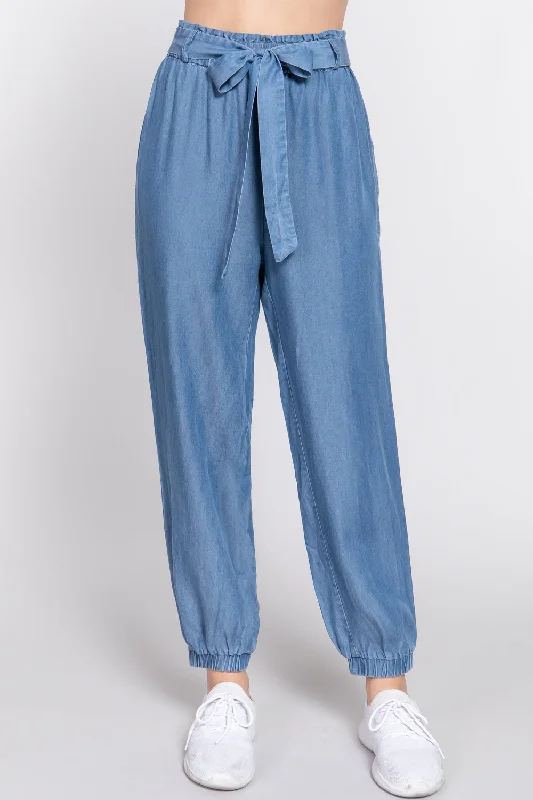 Ribbon Tie Denim Jogger Pants - Ships from The US Slim-Fit Khaki Pants