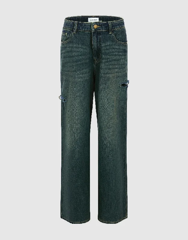 Ripped Wide-Leg Jeans Casual Light Wash Jeans