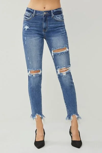 RISEN Distressed Frayed Hem Slim Jeans Chic Double Waistband Jeans