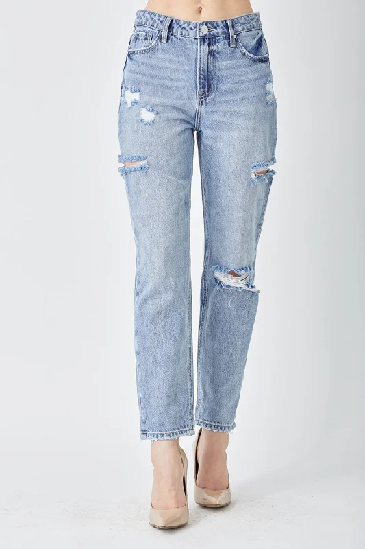 RISEN Distressed Slim Cropped Jeans Comfortable Straight-Legged Denim