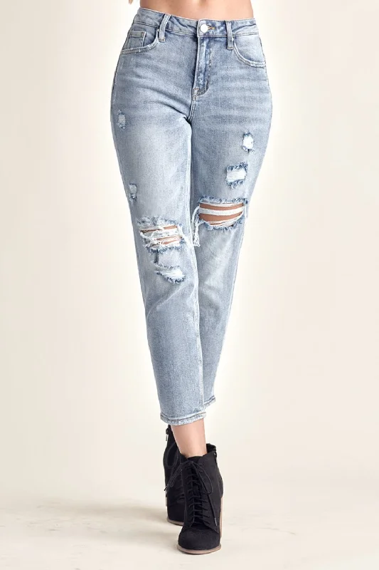 RISEN Distressed Slim Cropped Jeans Fashionable Raw Edge Jeans