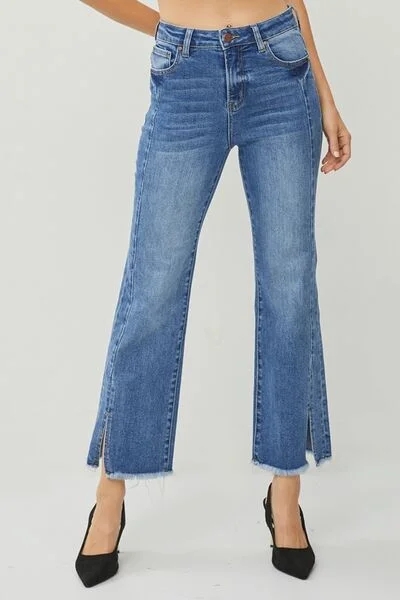 RISEN High Waist Raw Hem Slit Straight Jeans Stylish High-Waisted Denim