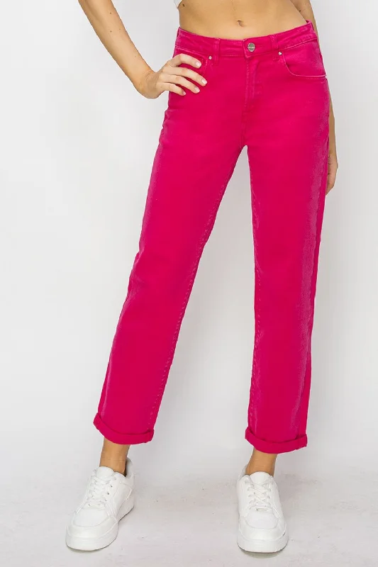 RISEN High Waist Rolled Hem Straight Jeans Fashionable Cropped Denim Jeans