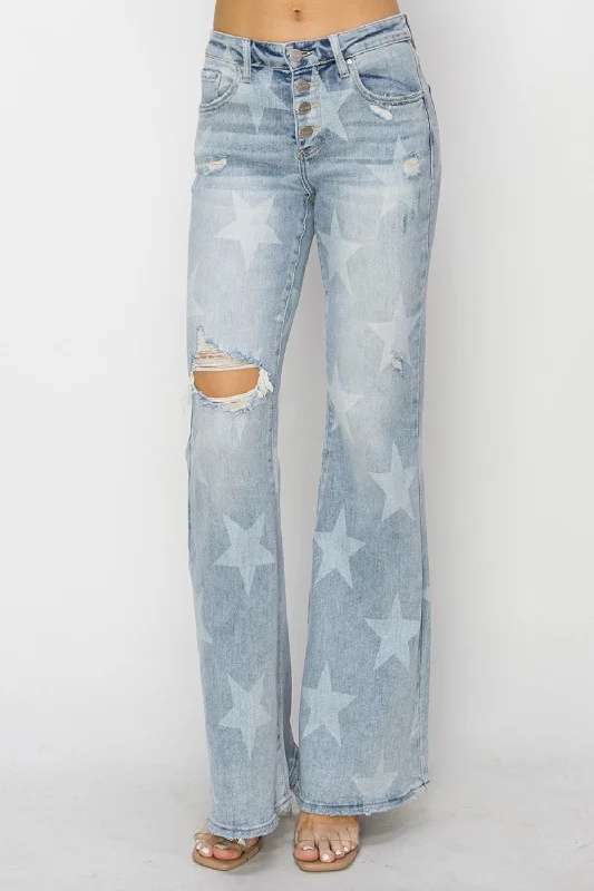 RISEN Mid Rise Button Fly Start Print Flare Jeans Trendy Skinny Fit Jeans