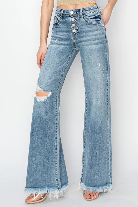 RISEN Mid Rise Button Fly Wide Leg Jeans Trendy Cut-Off Denim Shorts