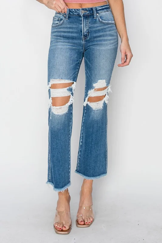 RISEN Mid Rise Distressed Cropped Flare Jeans Stylish Relaxed Fit Skinny Jeans