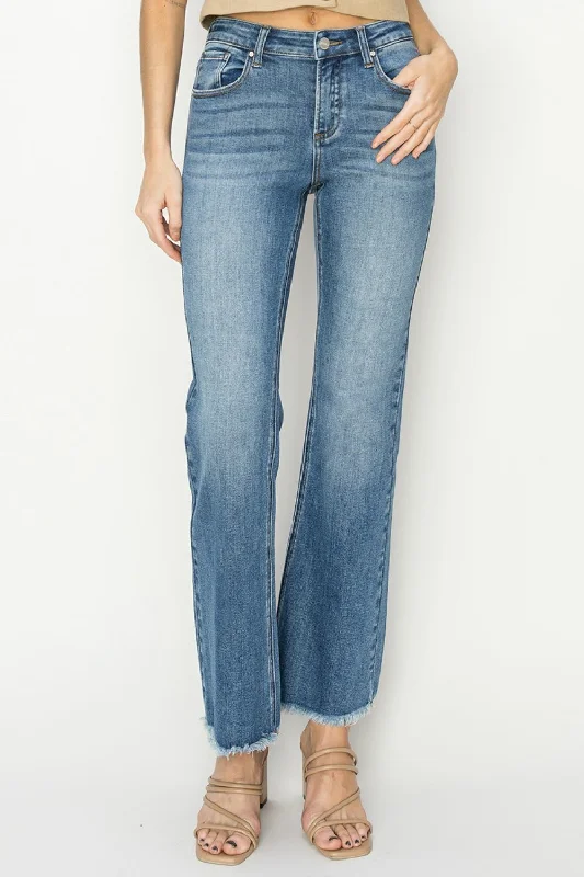 RISEN Mid-Rise Frayed Hem Bootcut Jeans Elegant Skinny Leg Jeans