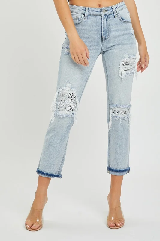 RISEN Mid-Rise Sequin Patched Jeans Chic Dark-Wash Skinny Jeans