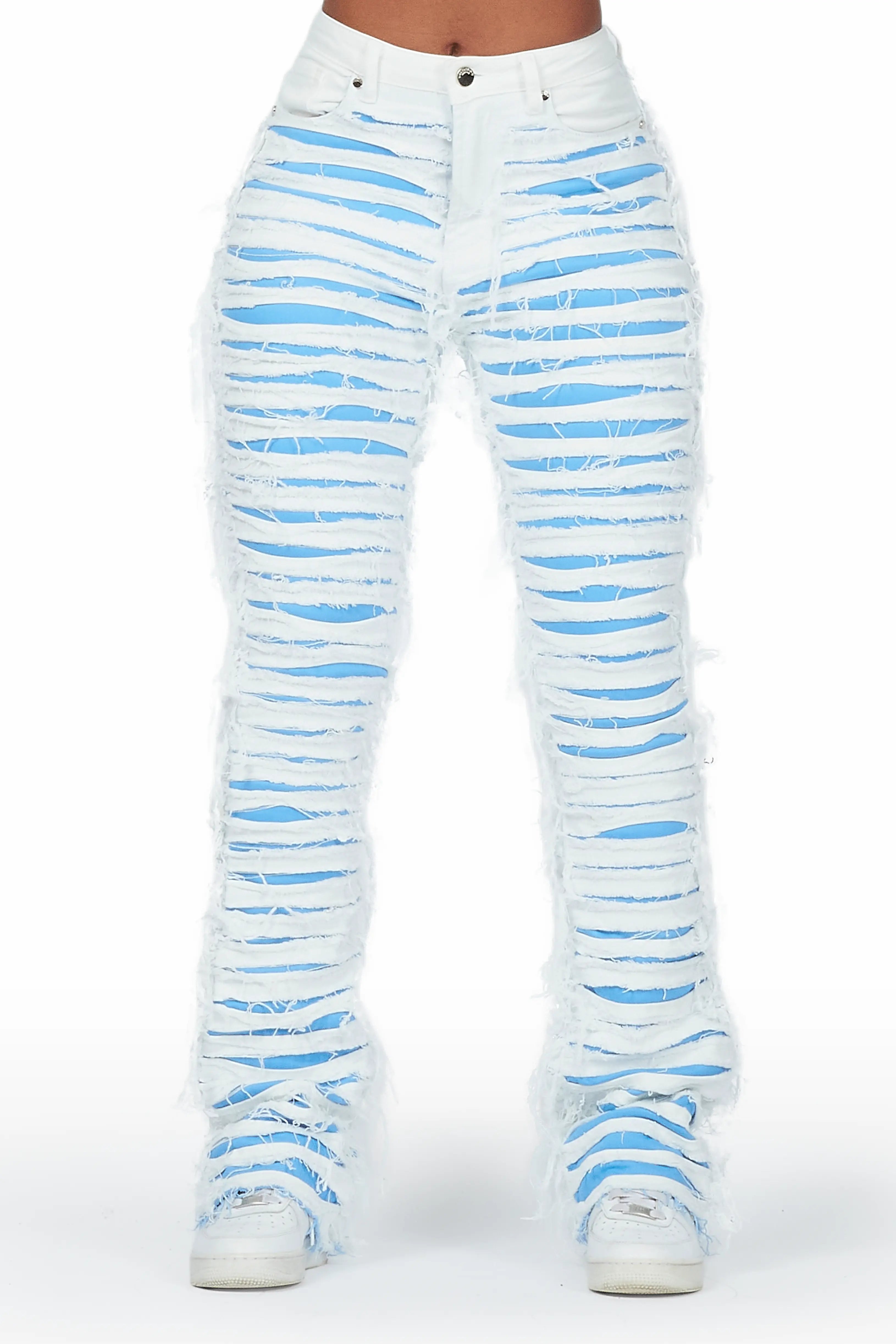 Melany White/Blue Stacked Flared Jean Casual Distressed Skinny Jeans