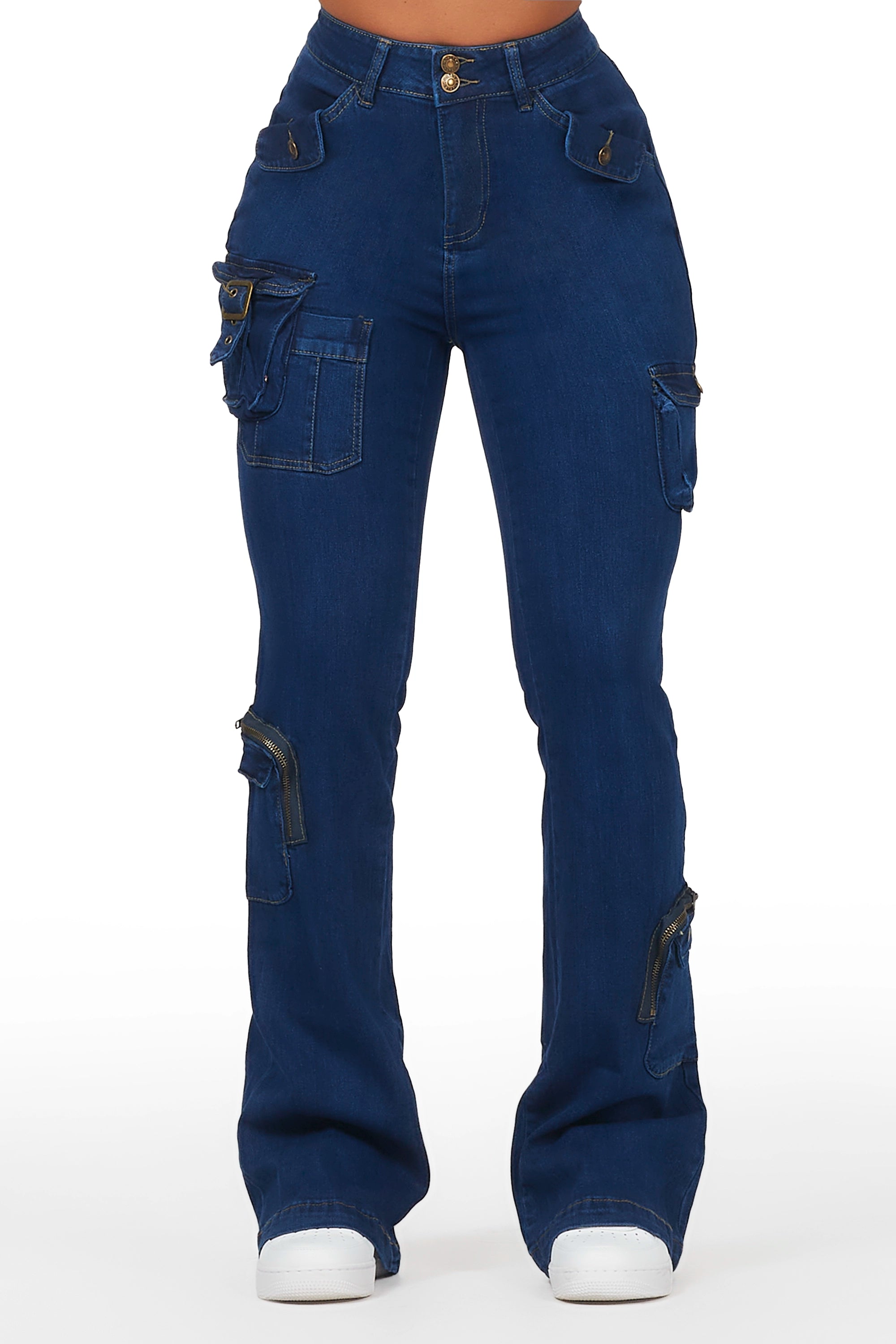 Marlowe Dark Wash Stacked Flare Jean Trendy Paperbag Waist Jeans